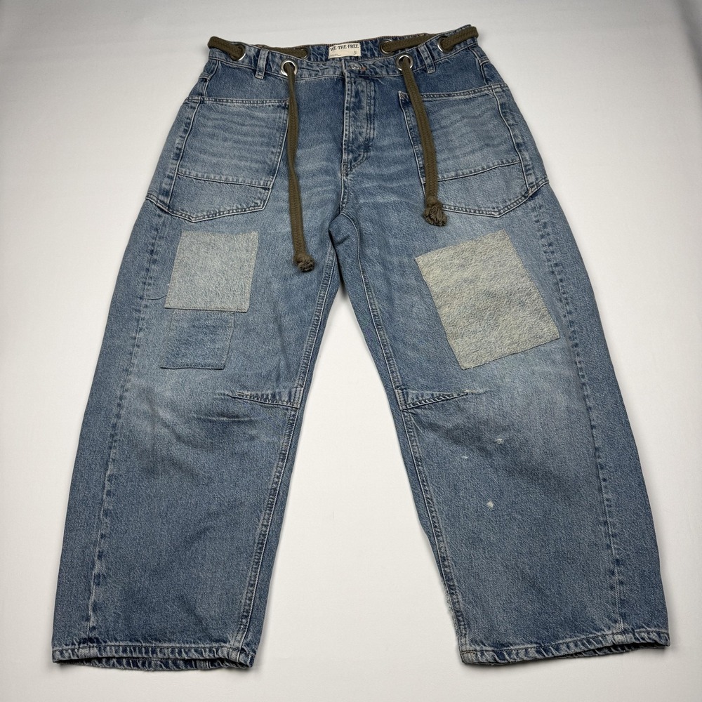 We The Free Moxie Pull on Barrell Jeans Womens 31 Blue Wash High Rise Patch
